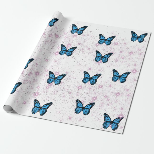 Papel De Presente Magical blue butterfly pink glitter art  (Desenrolado)