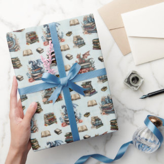 Papel De Presente Magical Dragons & Books on Light Green