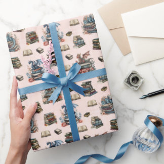 Papel De Presente Magical Dragons & Books on Light Peach