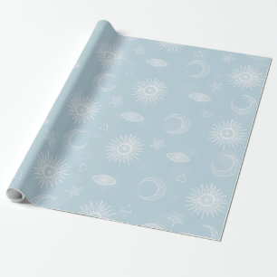 Papel De Presente Magical White Moon Sun Stars Blue pattern