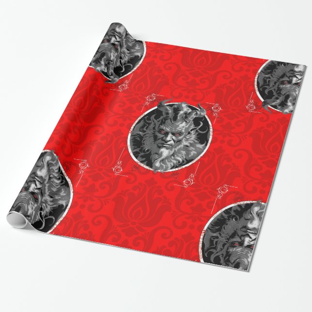 Papel De Presente Mágico damasco vermelho do krampus de natal (Desenrolado)