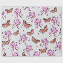 Papel De Presente Magnólia e borboletas, padrão de aquarela
