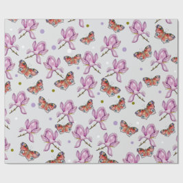 Papel De Presente Magnólia e borboletas, padrão de aquarela