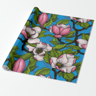 Papel De Presente Magnólia florescente em azul