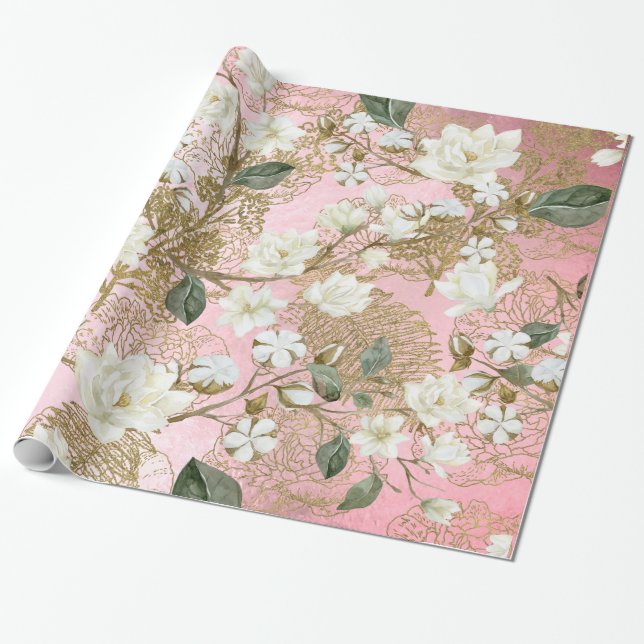 Papel De Presente Magnolia Rosa Dourada Ferns Chic Floral (Desenrolado)