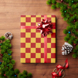 Papel De Presente Mago Xadrez Vermelho e Dourado