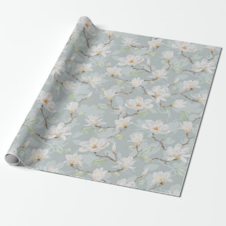Papel De Presente Magolia Branca Pintada à Mão no Azul Pastel