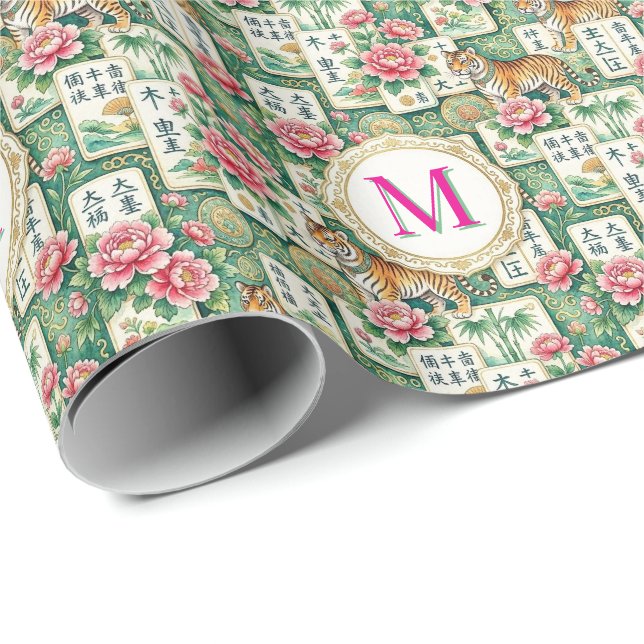 Papel De Presente Mahjong Chinoiserie Floral Monogram Personalized  (Ponta do rolo)