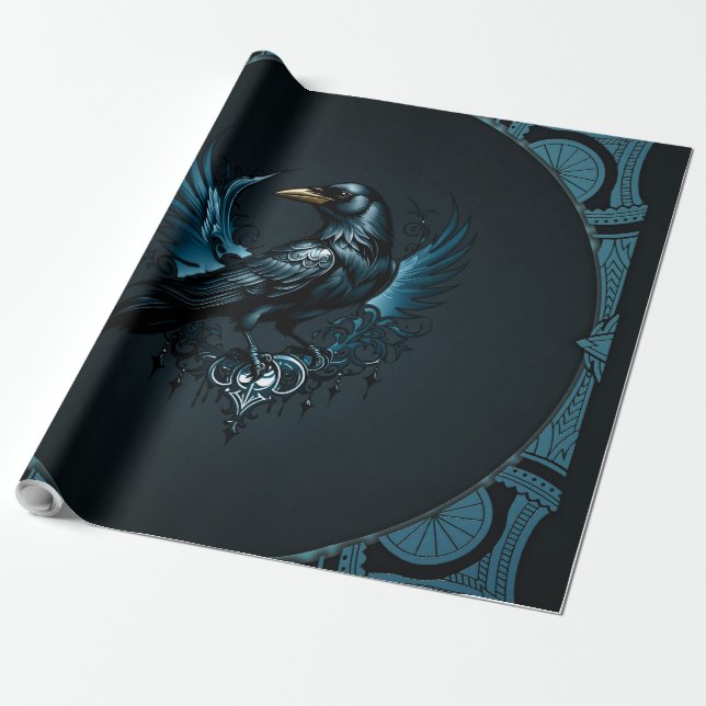 Papel De Presente Majestosa raven negra sentada sobre um ornamentado (Desenrolado)