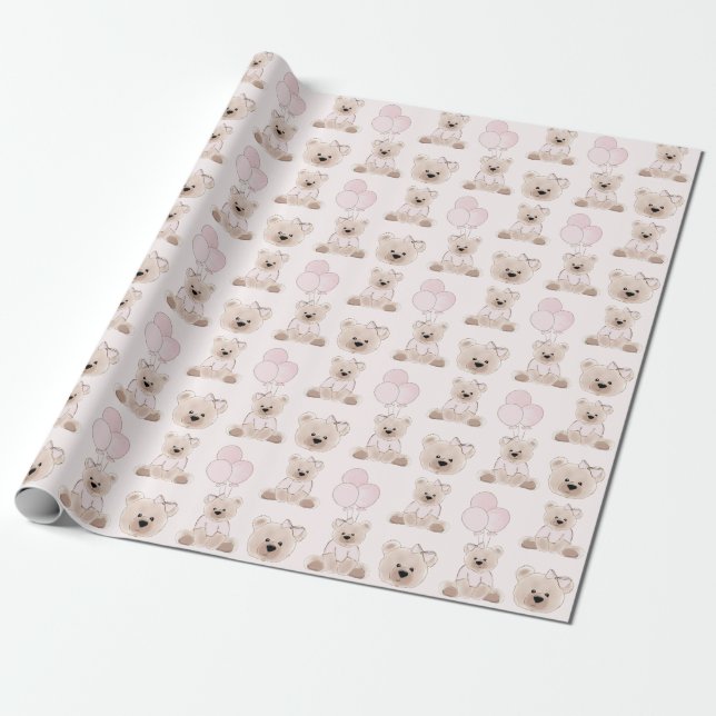 Papel De Presente Mal Podemos Esperar Urso Teddy Rosa Chã de Bebê (Desenrolado)