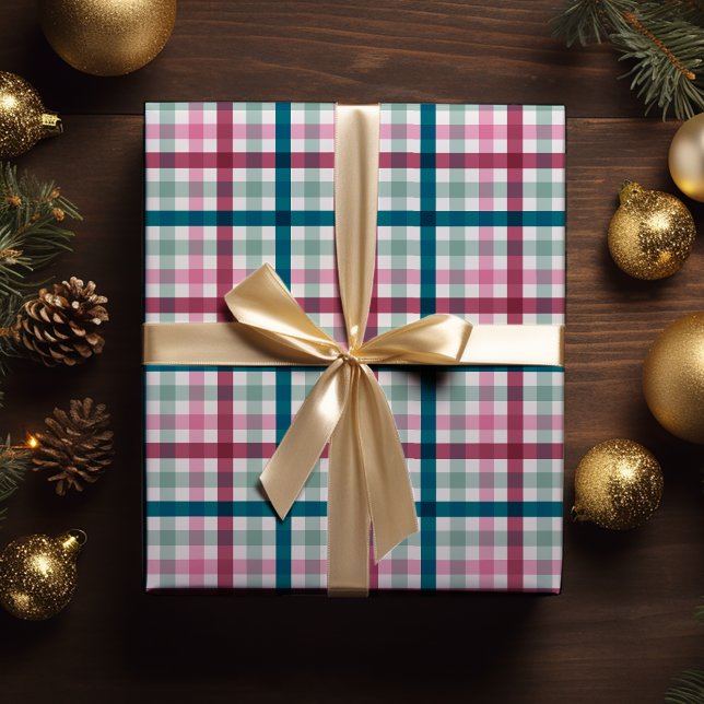 Papel De Presente Mala de Presente de Gingham no Natal Moderno (Modern Gingham Christmas wrapping paper in pink magenta and teal blue great for winter holiday gift )