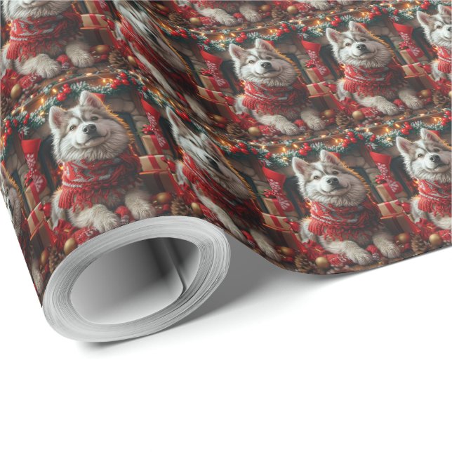 Papel De Presente Malamute do Alasca com Presentes de Natal Lareira (Ponta do rolo)