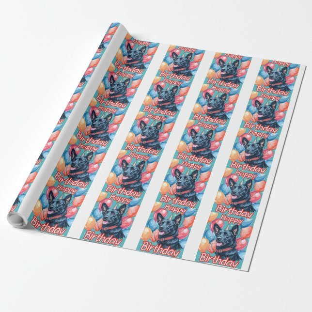 Papel De Presente Malinoi Belga com Balões de Aniversário (Desenrolado)