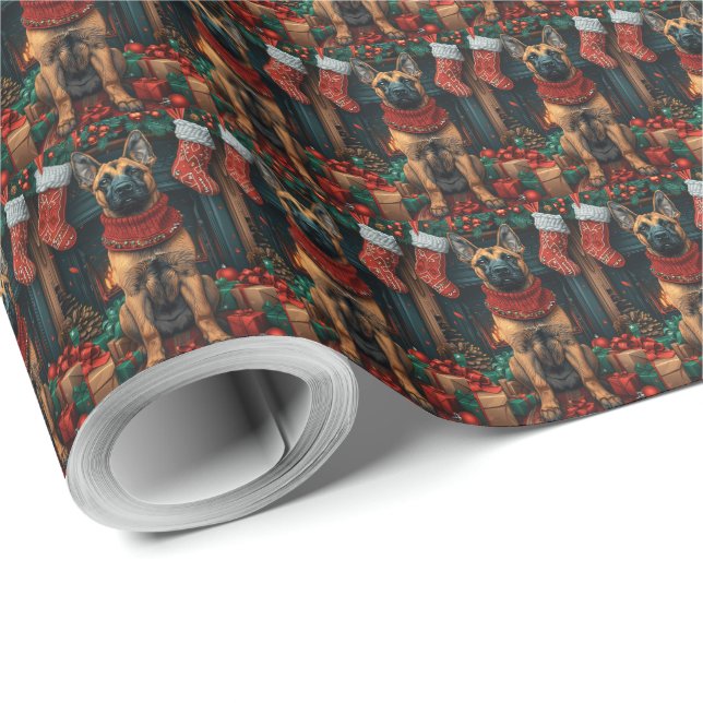Papel De Presente Malinois Belga com Presentes de Natal Lareira  (Ponta do rolo)