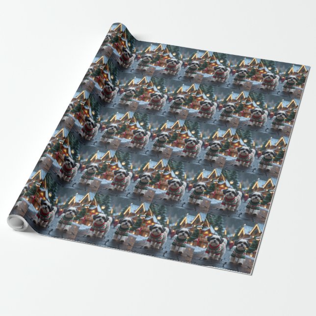 Papel De Presente Malti Tzu Dogs Christmas Snow Holiday (Desenrolado)
