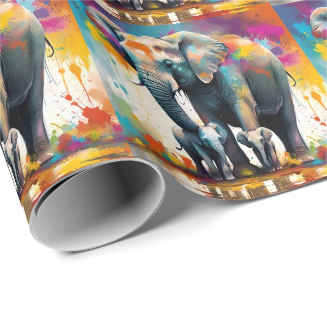 Papel De Presente Mamãe E Elefantes Bebês Splash De Cor, (Ponta do rolo)