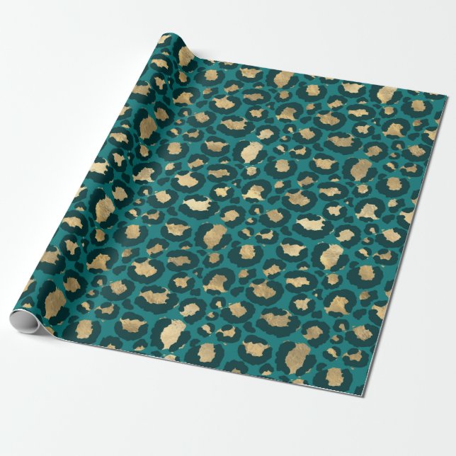 Papel De Presente Manchas de leopardo douradas e turquesa (Desenrolado)