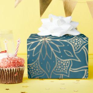 Papel De Presente Mandala Art Boho Elegante Dourado Turquesa Natal