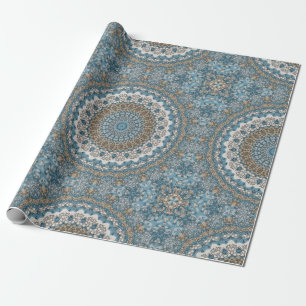 Papel De Presente Mandala Azul e Bege Padrão Geométrico Intrincado