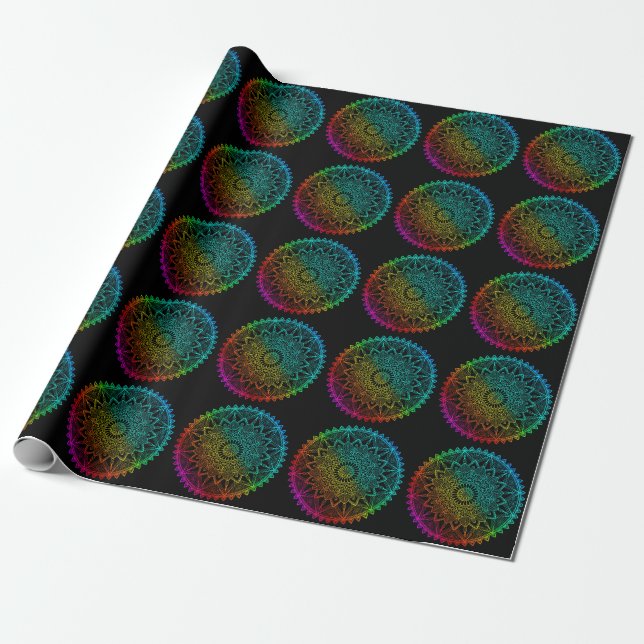Papel De Presente Mandala de Arco-Íris Preto (Desenrolado)