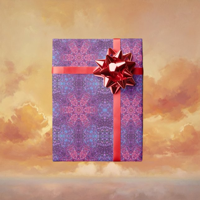 Papel De Presente Mandala digital rosa púrpura e azul (Pink Purple and Blue Digital Mandala Wrapping Paper by Wormhole Orbital)