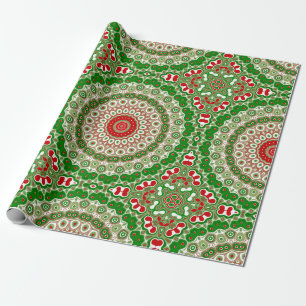 Papel De Presente Mandalá Festivo Vermelho e Verde com Simetria de F