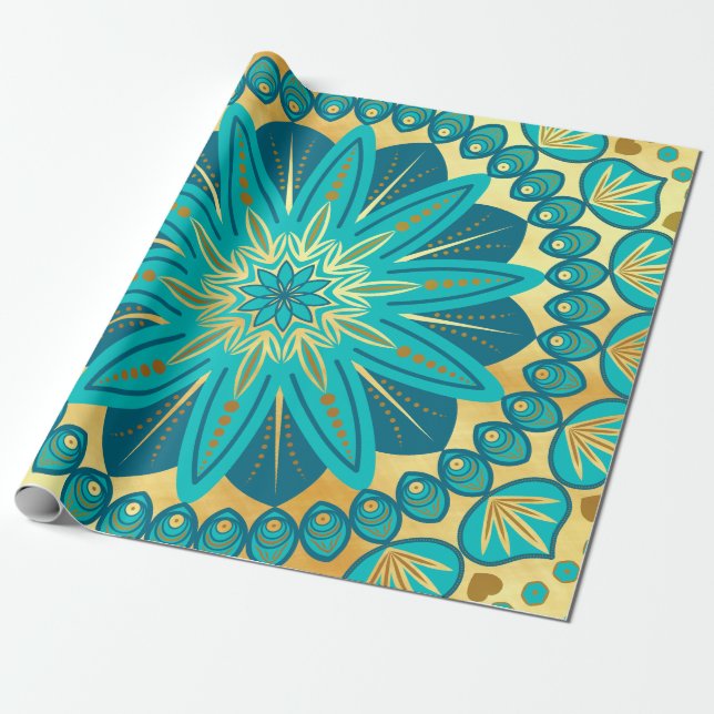 Papel De Presente Mandala Flor de Ouro Azul (Desenrolado)