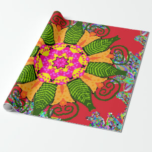 Papel De Presente Mandala floral cor redonda, vermelha, verde e