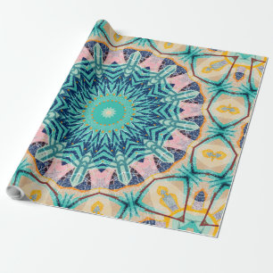 Papel De Presente Mandala laranja-amarelo, menta e rosa.