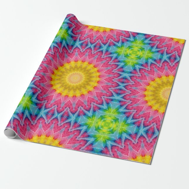 Papel De Presente Mandalá Tie-Dye Arco-íris com Simetria Vibrante (Desenrolado)