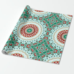 Papel De Presente Mandalas de Natal em Vermelho, Verde e Azul Gélido