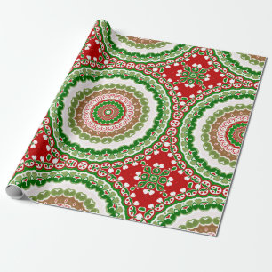 Papel De Presente Mandalas de Natal em Vermelho, Verde e Dourado Que