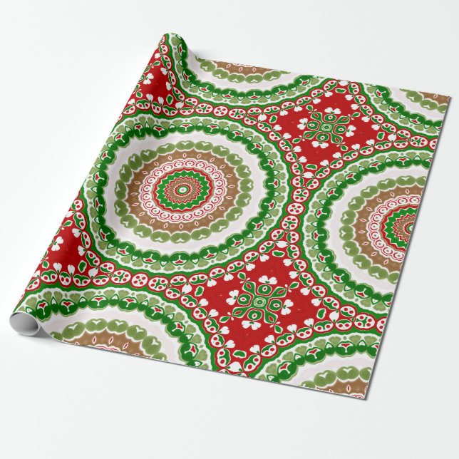 Papel De Presente Mandalas de Natal em Vermelho, Verde e Dourado Que (Desenrolado)
