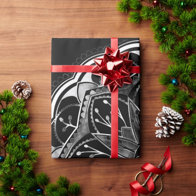 Papel De Presente Mandalas florais em preto e branco (Presente de Natal)