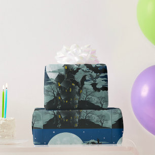 Papel De Presente Mansão Assombrada e Morcegos Lua Cheia Assustadora