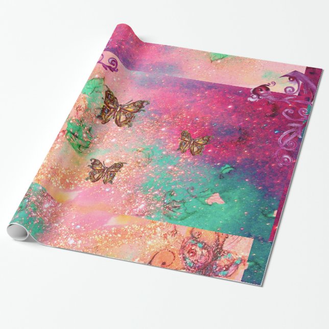 PAPEL DE PRESENTE MANTEIRAS EM PINK SPARKLES-MAGIC BUTTERFLY PLANANT (Desenrolado)