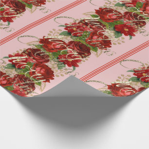 Papel De Presente Manuscrito Feliz de Natal Rosas Red Dourado Marble