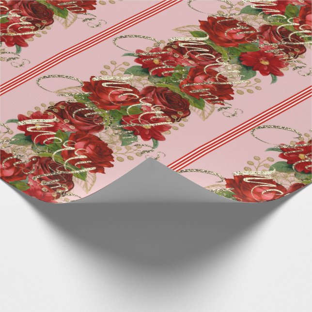 Papel De Presente Manuscrito Feliz de Natal Rosas Red Dourado Marble (Ponta)