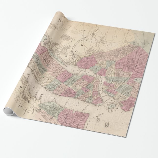 Papel De Presente Mapa 1868 de New York e de Brooklyn (Desenrolado)