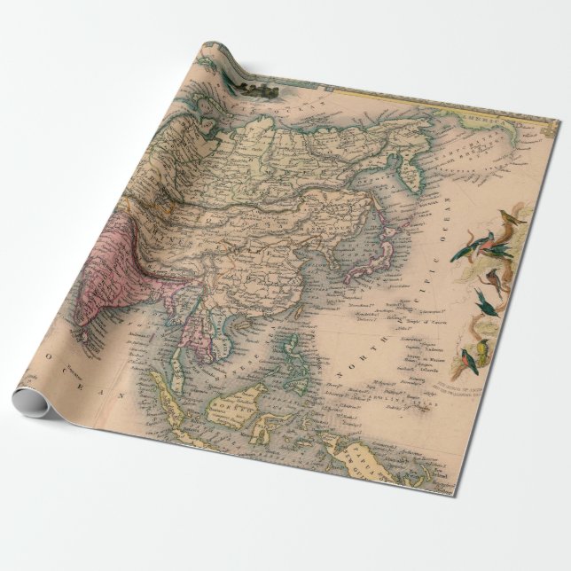 Papel De Presente Mapa Antigo da Ásia em Sepia com Regiões Pastel (Desenrolado)