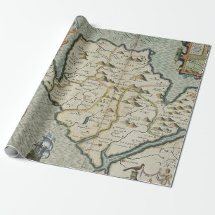 Papel De Presente Mapa Antigo da Ilha Galesa com Castelo e Galeão