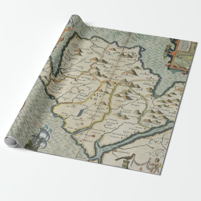 Papel De Presente Mapa Antigo da Ilha Galesa com Castelo e Galeão (Desenrolado)