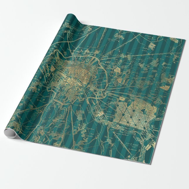Papel De Presente Mapa Antigo Turquesa e Folha de Ouro (Desenrolado)