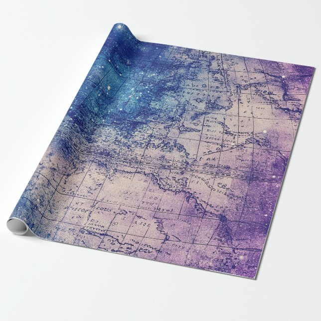 Papel De Presente Mapa Celestial Roxo Místico do Mundo (Desenrolado)