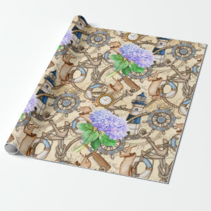 Papel De Presente Mapa de Navegação Náutica Vintage com Hydrangea