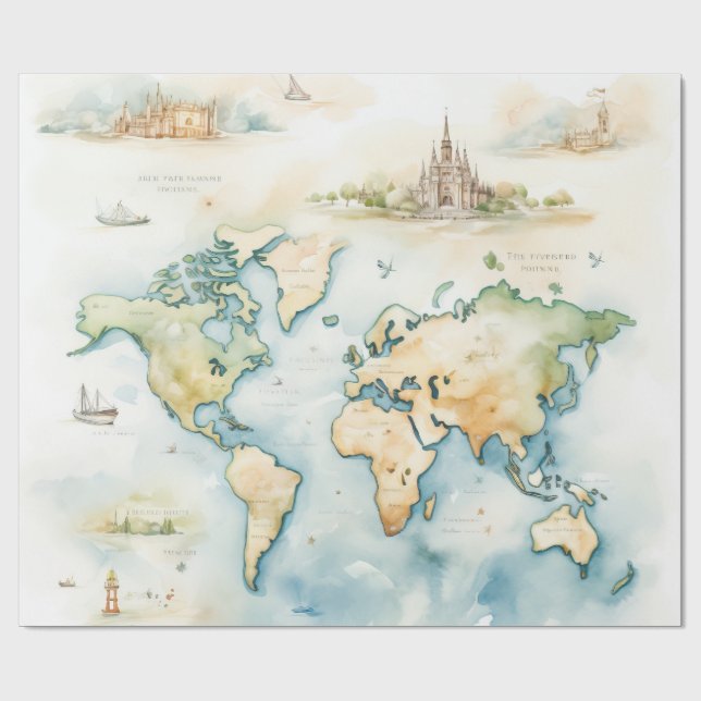 Papel De Presente Mapa de Viagens aquarela (Aberto)