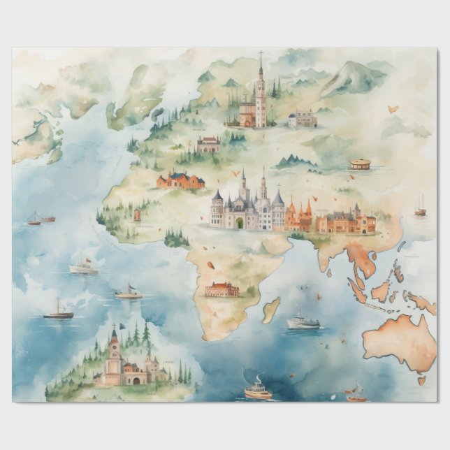 Papel De Presente Mapa de Viagens aquarela (Aberto)