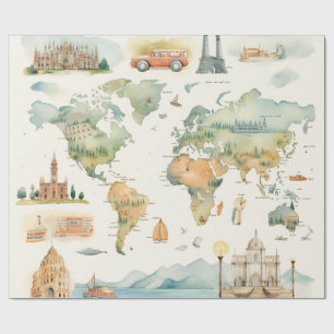 Papel De Presente Mapa de Viagens aquarela