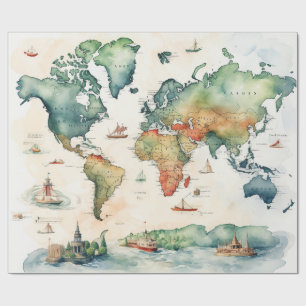 Papel De Presente Mapa de Viagens aquarela