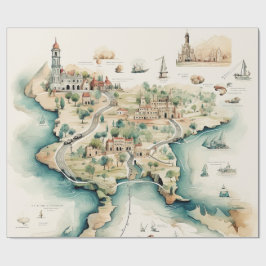 Papel De Presente Mapa de Viagens em Aquarela